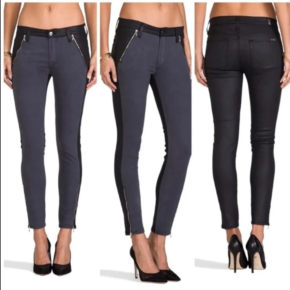 7 For All Mankind Grey And Black The Fashion Zip Sateen Skinny Jeans Size 25